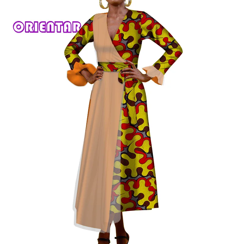 Модные африканские платья для женщин с v-образным вырезом и длинным рукавом, африканские платья с принтом, женские элегантные вечерние