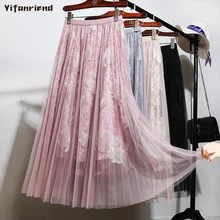 Бархатные плиссированные юбки с вышивкой бисером из перьев и сетки для женщин s, осенне-зимняя длинная юбка для женщин, милая Женская юбка для девушек и женщин