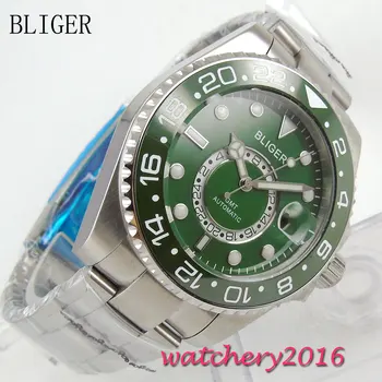 

NEW 43mm Bliger Green dial deployment clasp Men's Mingzhu Movement luminous hands date adjust GMT sapphire glass Automatic Watch