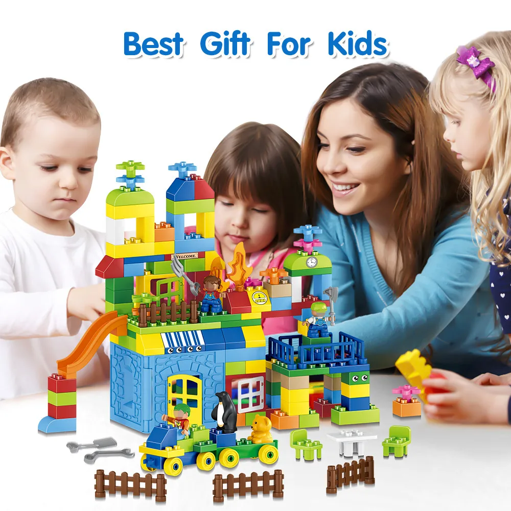 Tumama 160pcs Train Building Blocks DIY Big Size House Number Creative City Bricks Amusement Park Model Educational Block Toys 