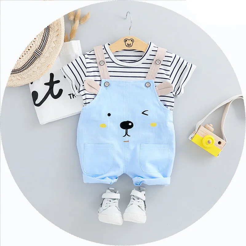 Летние модные комплекты одежды для маленьких девочек комплекты одежды для младенцев полосатая футболка шорты на бретелях детская повседневная одежда детская одежда