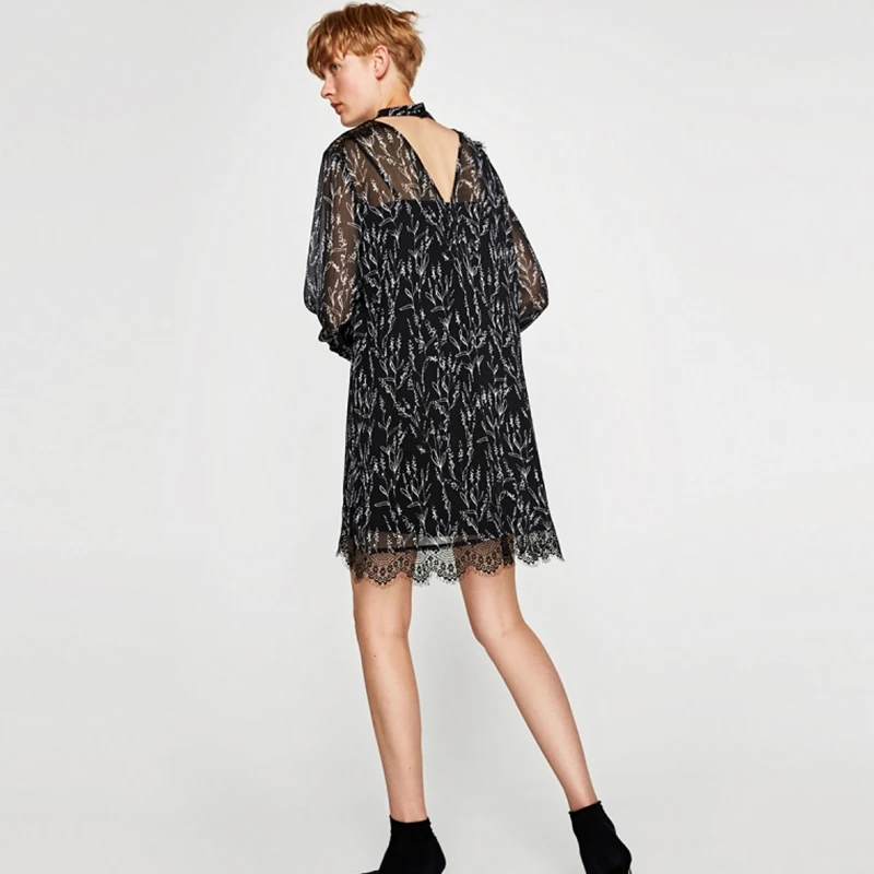 HYH HAOYIHUI Lace Patchwork Printed Pattern Dress Key Hole Back Long Sleeve Shift Women Dresses Vintage Party Mini Fashion|women dress