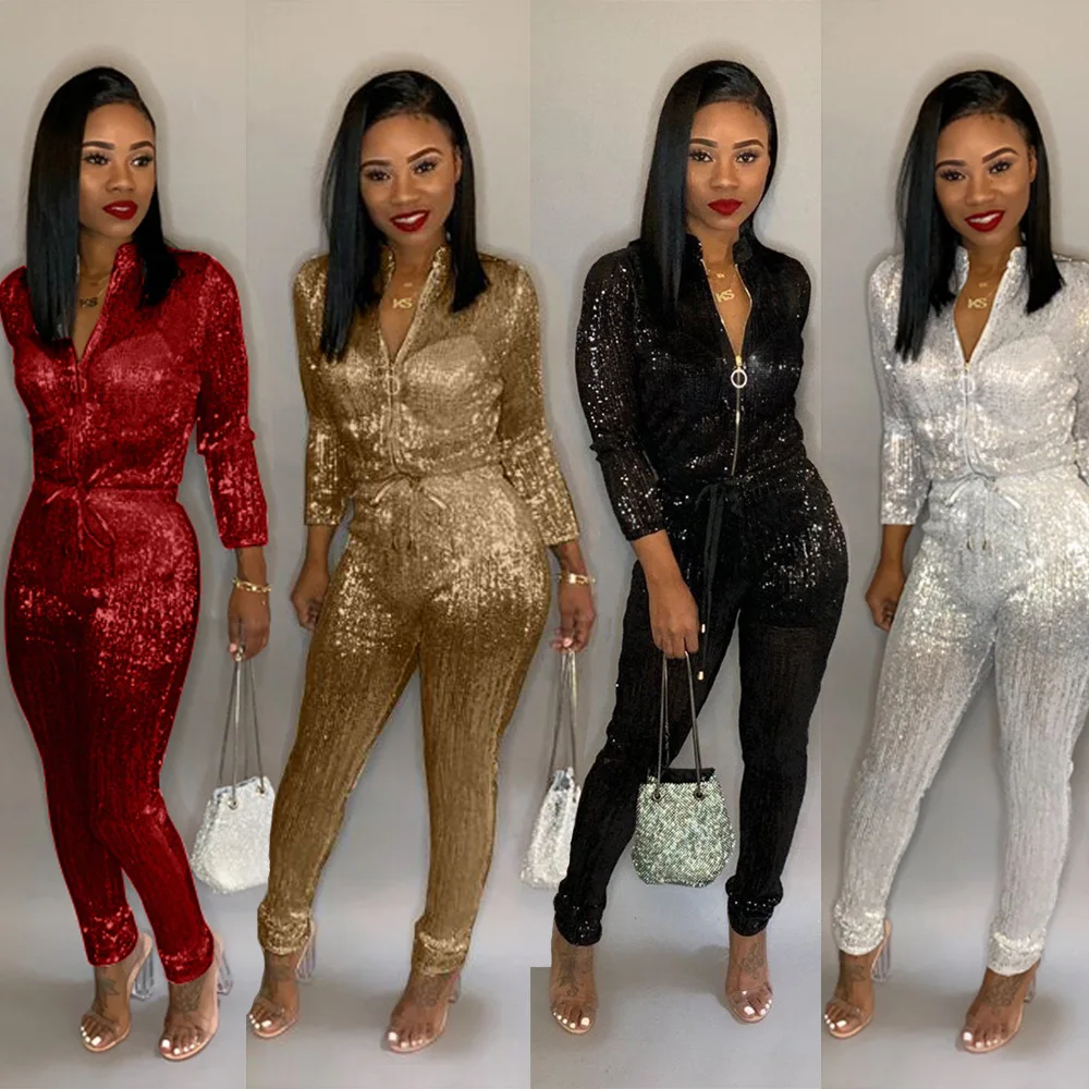 

AHVIT New Style Bright Silk Fashion Women Jumpsuit Stand Collar Front Zipper Long Sleeve Belted Party Nightclub Romper B9140
