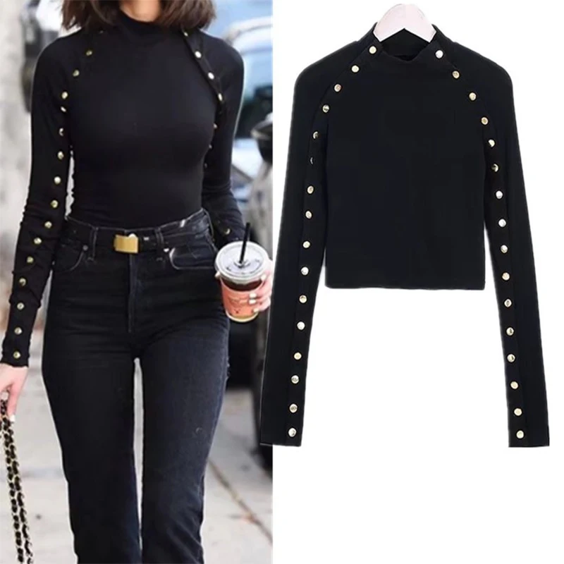 

Spring Autumn 2019 Women T-Shirts Short Tops Cropped Long Sleeve Buttons Solid Sexy Tops Tees Women Casual Slim Cotton Crop Tees