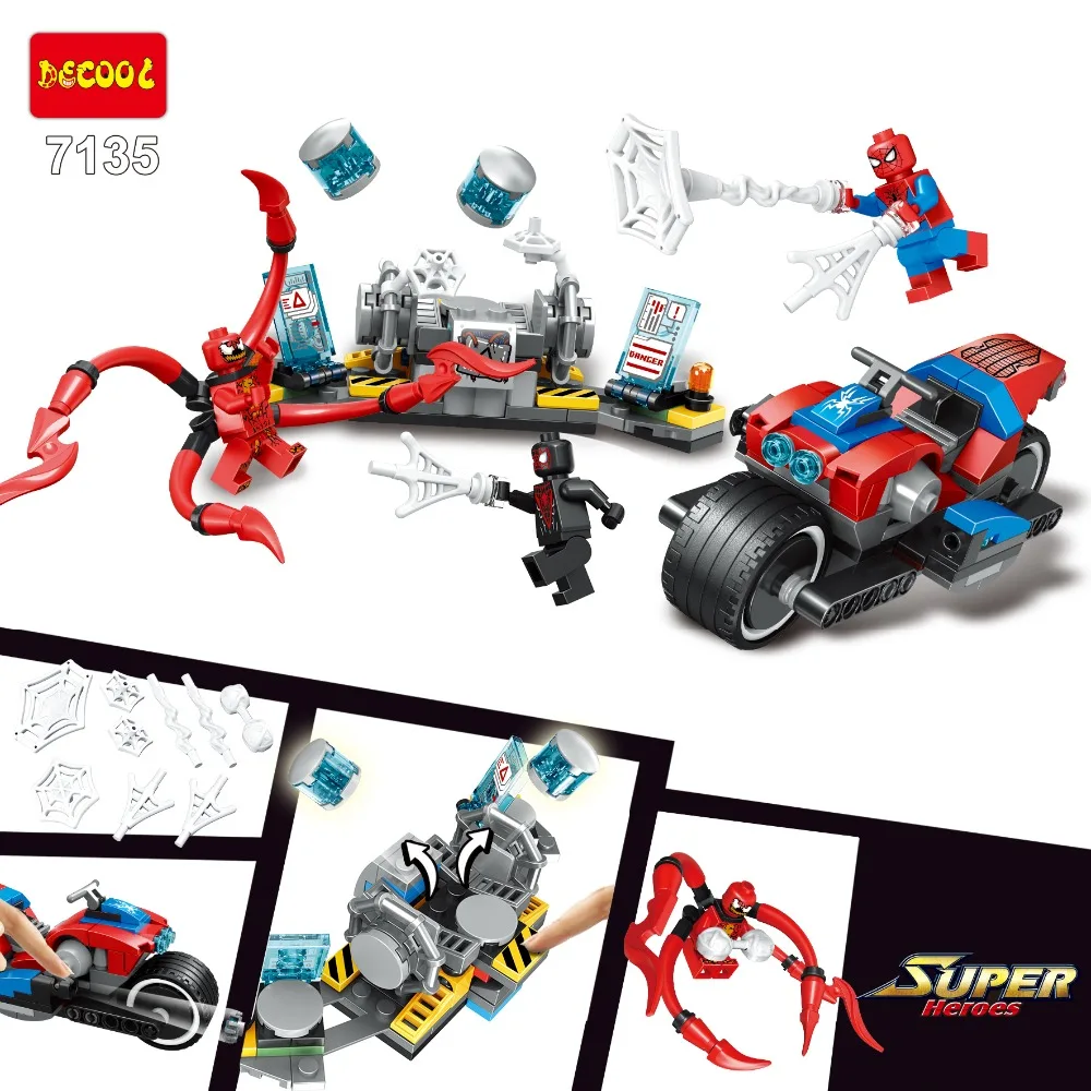 Дешево Новые Супергерои Марвел совместимы с Legoingly 76113 Человек паук велосипед спасательные фигуры строительные блоки кирпичи игрушки для детей