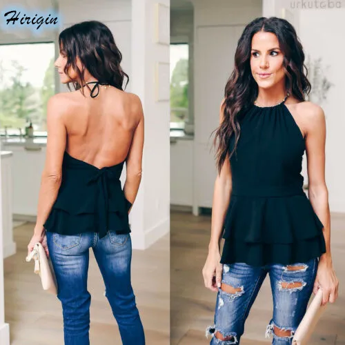 

Summer Tank Tops 2019 New Women Summer Casual Black Sleeveless Backless Loose Double Ruffles Tops Size S-XL