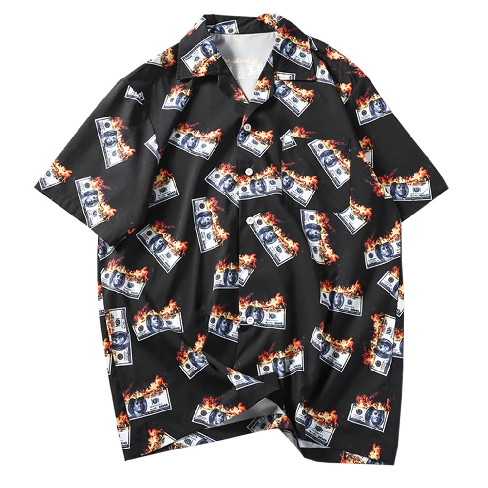 

Plus Size S-XXL Men Hawaiian Short Sleeve Shirts Elastic Top Summer Turn-down Collar Tees Breathable Hip Hop Shirts Streetwear