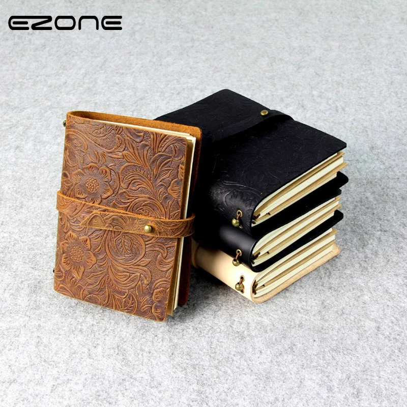 

EZONE Genuine Leather Cover Notebook Handmade Cowhide Portable Carved Note Book Traveler Diary Memp Pad Papelaria Stationery