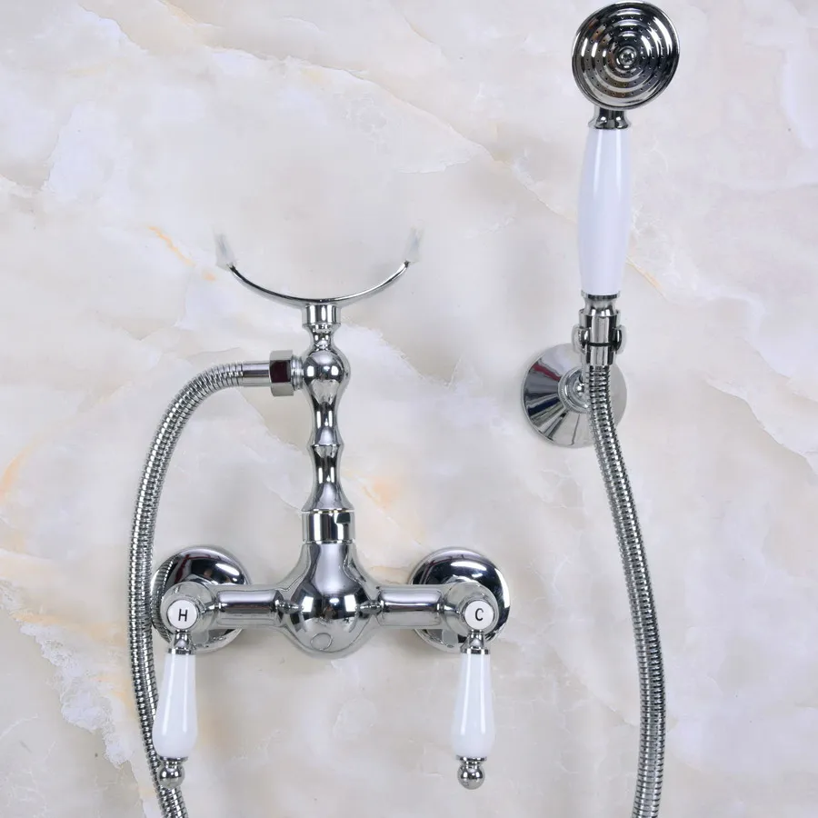 

Modern Wall Mount Polished Chrome Brass Bathroom Clawfoot Hand Shower Faucet Mixer Tap Set Telephone Shape Hand Spray ana268