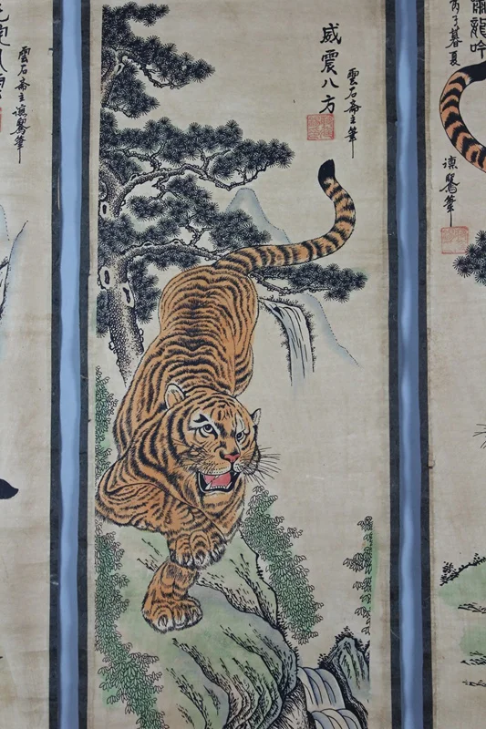 Old Chinese hand-Painted Scroll Painting Hundred Tigers Figure 