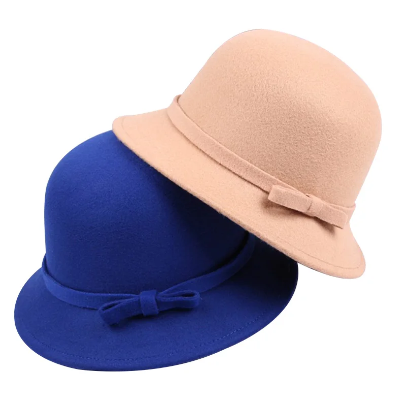New Solid Fedoras For Girls Kids Beanie Hats With Bow Cute Children Wool Fedoras Hat 2017Autumn Winter Lovely Girls Accessories (4)