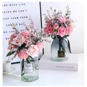 

Modern Glass Vase+Artificial Flower Set Figurines Home Furnishing Decoration Crafts Livingroom Silk Fake Flower Pot Ornaments