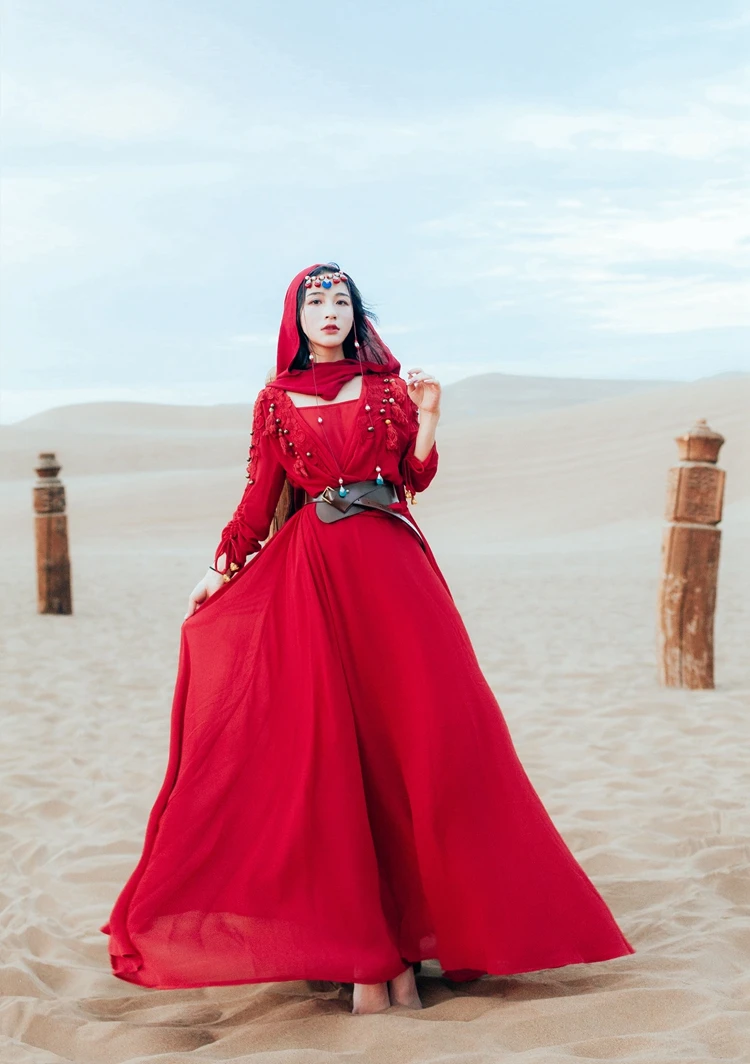 Красное винтажное осеннее платье с длинным рукавом и кисточками, 2 предмета, топ на бретелях, макси платье, женское шифоновое платье в цыганском хиппи, пляжные длинные великолепные платья
