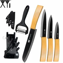 Six Pcs Set XYj Kitchen Knife Bamboo Handle Black Blade 3″ 4″ 5″ Ceramic knife 6″ Serrated Bread Knife + Peeler + Knife Stand