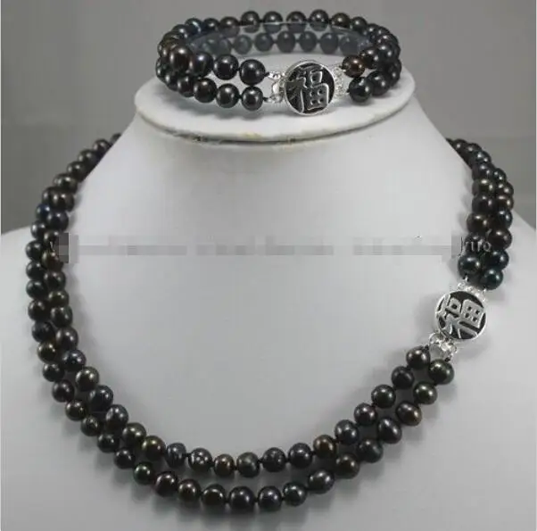 

Hot sale new Style >>>>2Rows 7-8mm Black Akoya Cultured Pearl Silver Clasp Jewelry Necklace Bracelet