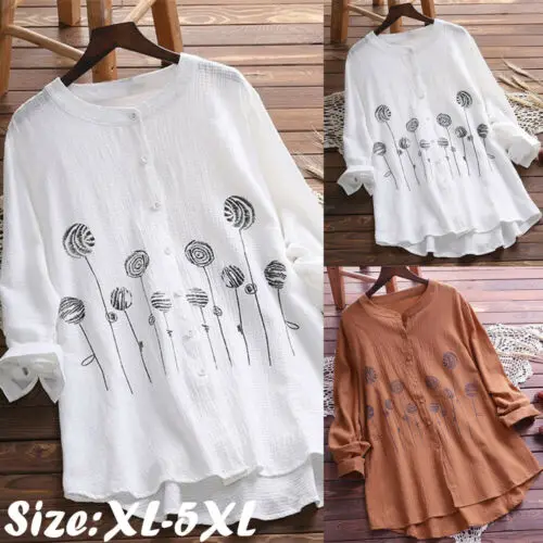 2019 Newest Fashion Hot Charming Women Cotton Tops Long Sleeve Tunic Blouse Flower Print Shirts Plus Size XL-5XL
