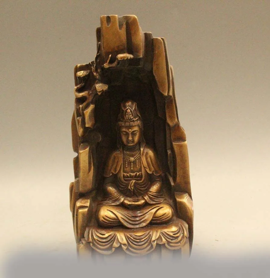 

8" Chinese Bronze Seat Kwan-yin Guan Yin Boddhisattva Mountain Statue Sculpture