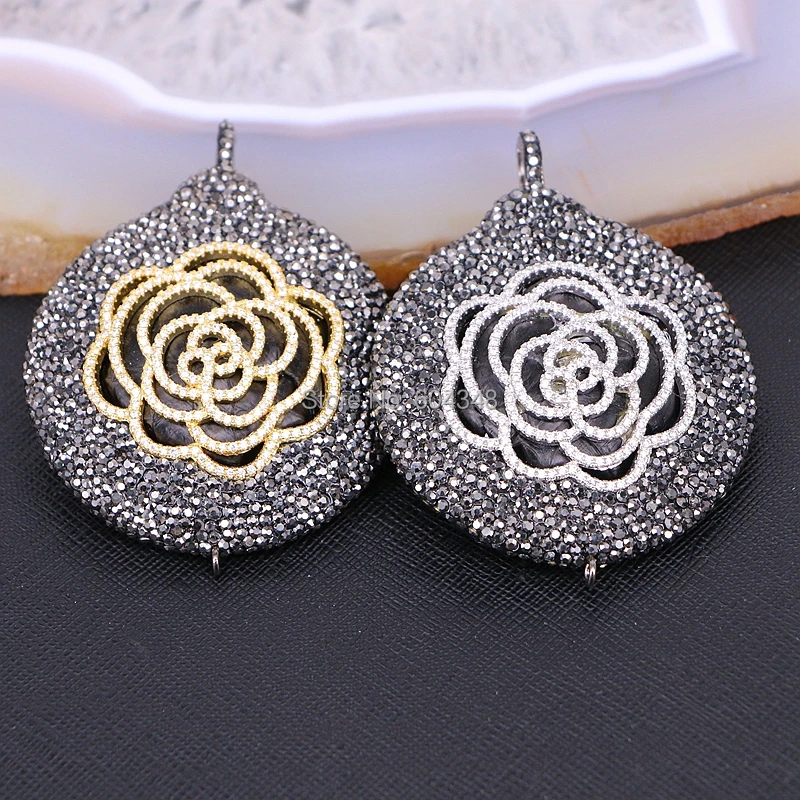 

3PCS ZYZ178-1609 Round Shape Big Gems Pendant With Rhinestone Crystal And CZ Micro Pave Flower Pendant
