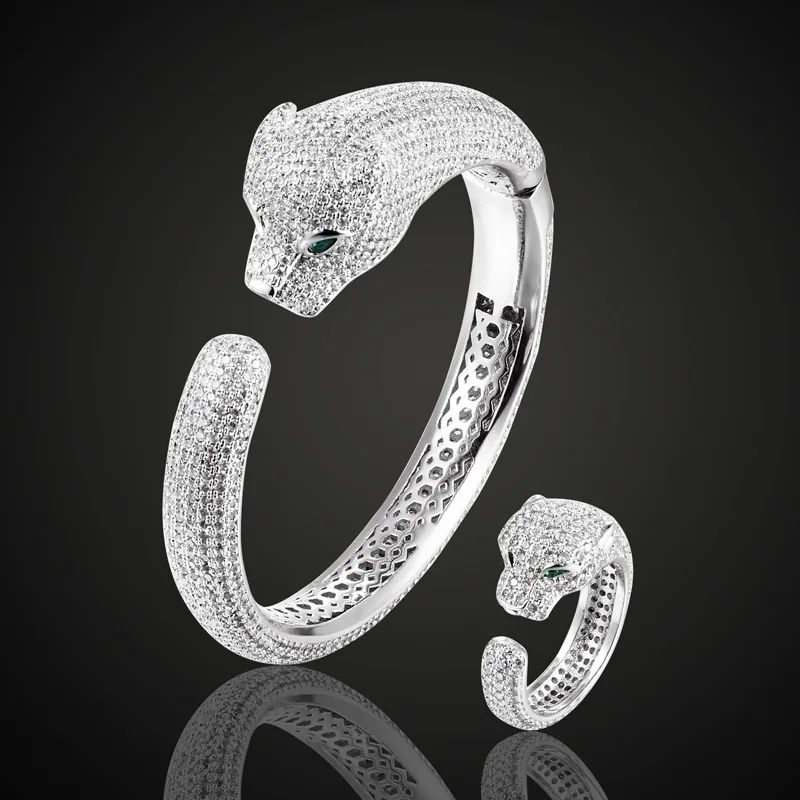 Высококачественный кубический циркон браслет «леопард» набор колец для мужчин ювелирные изделия медные браслеты с животными Pulseira Mujer женский любовный Набор браслетов - Окраска металла: Rhodium Silver ring9