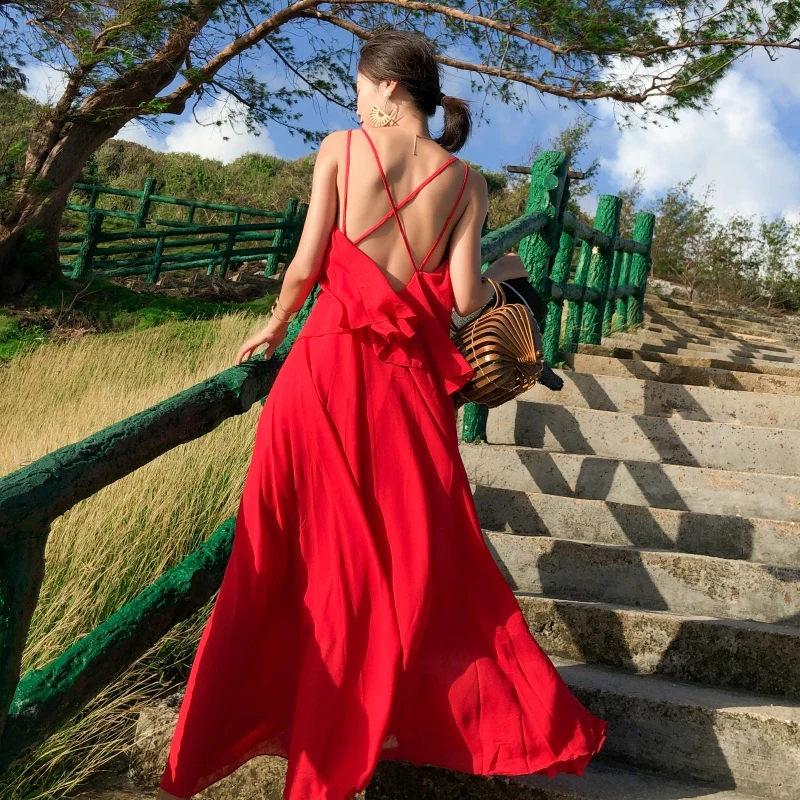 

DROWYD Summer Women's Beach O-neck Sling Sexy Dress Boho Red Backless Maxi Dress Casual Vacation Club Party Robe Dresses Vestido
