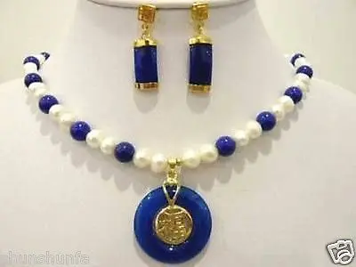

-hotFascinating New 8mm blue jade &pearl necklace 18" earring set new
