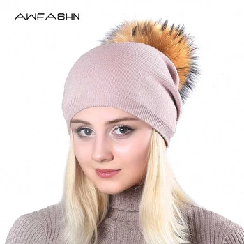 

Beanies For Female Winter women real fur pom pom hats wool knitted thick warm lined beanies hat lady fashion bobble ski caps