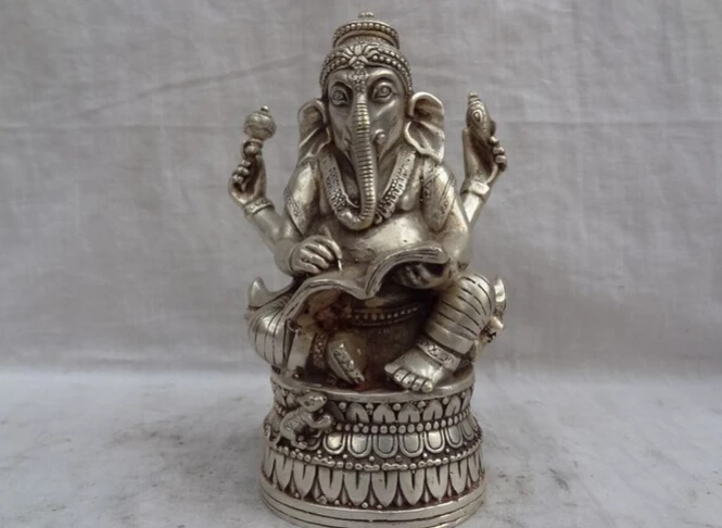 

S2638 Tibet Silver Buddhist 4 Arms Ganapati Ganesh Lord Brass Ganesha Buddha Statue D0317