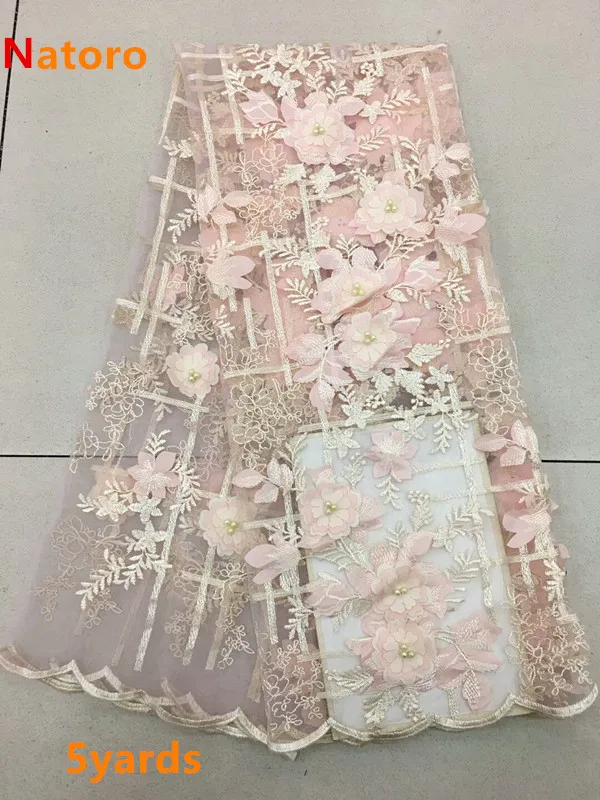 

Floral french lace good quality African net lace tulle fabric with 3D Appliques and beads for wedding JIaA293