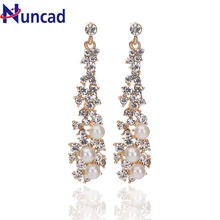 Luxury Synthetic Pearl Long Earrings White Crystal Plant Gold Color Dangle Drop Earrings for Women Wedding Jewelry NYER93