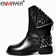 ENMAYER New Full Genuine Leather Classic Black Boots Shoes Mid-calf Boots Winter Warm Shoes Size 34-39 Motorcycle Boots Shoes
