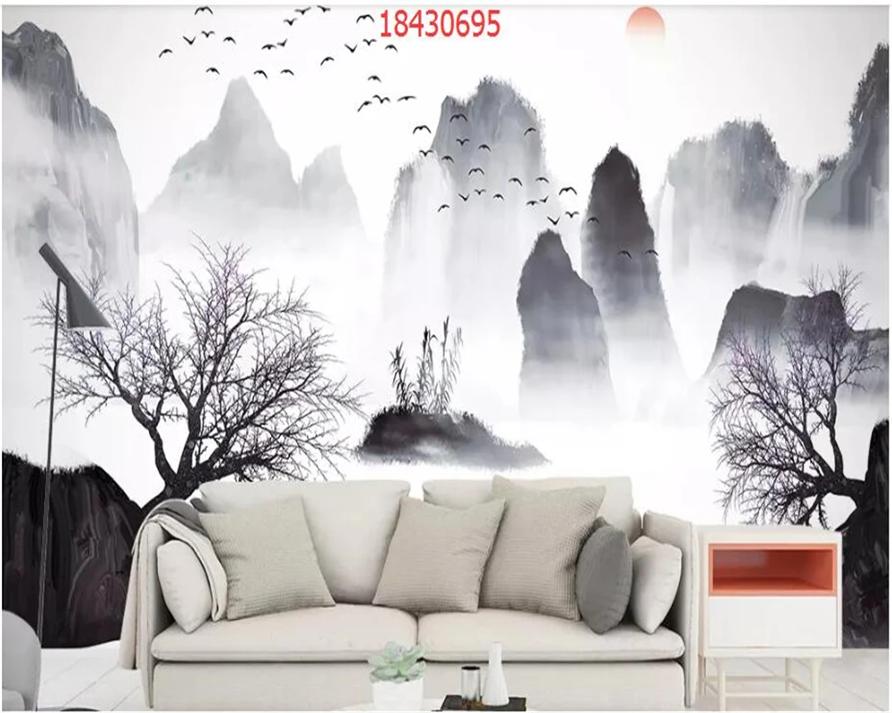 beibehang Custom size new Chinese style mountain landscape bird flying Caixiang cloud background wall behang wallpaper | Обустройство