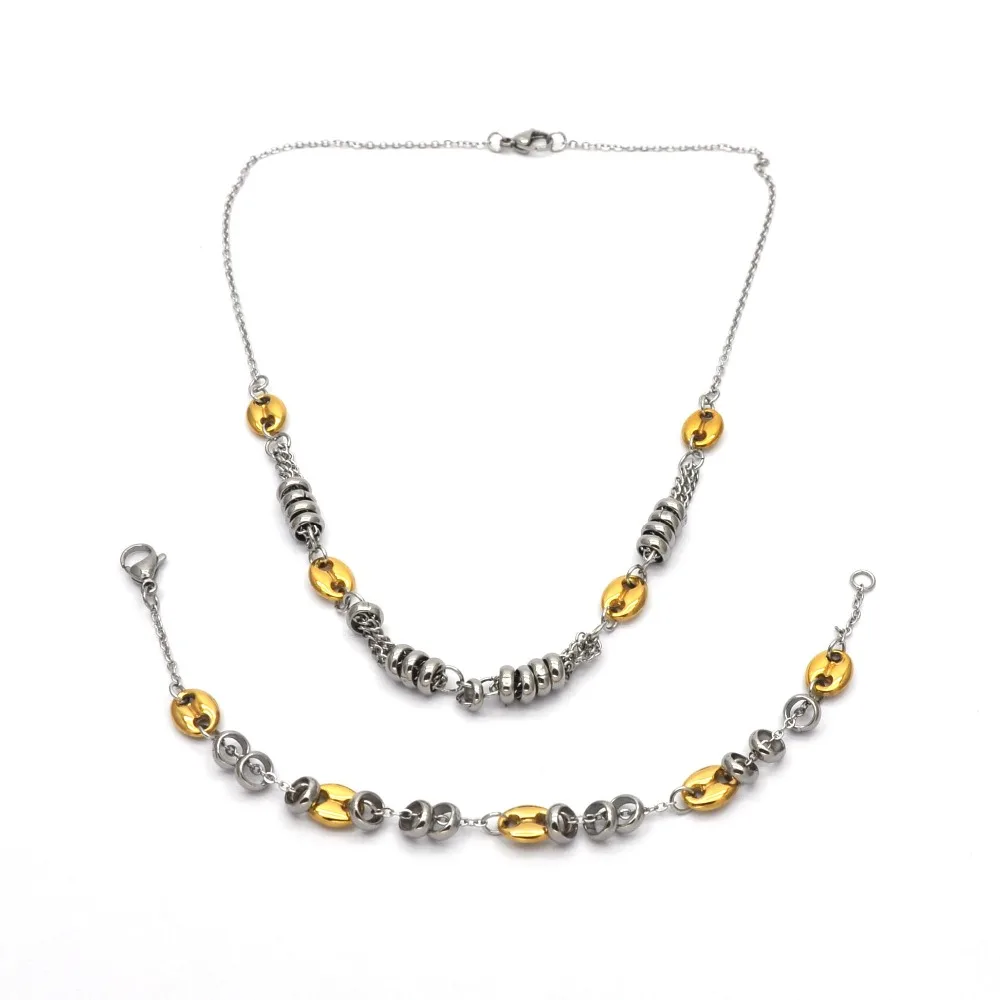 

New tide delicate jewelry sets wholesale stainless steel jewelry small gold color coffee bean necklace and bracelet sets NB05061