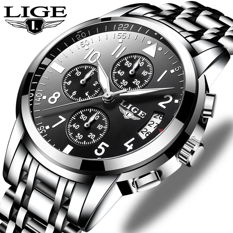 

LIGE Watches Mens Sport Military Quartz Men Watch aterproof Luxury Chronograph Stainless Steel Date Clock Relogio Masculino+Box