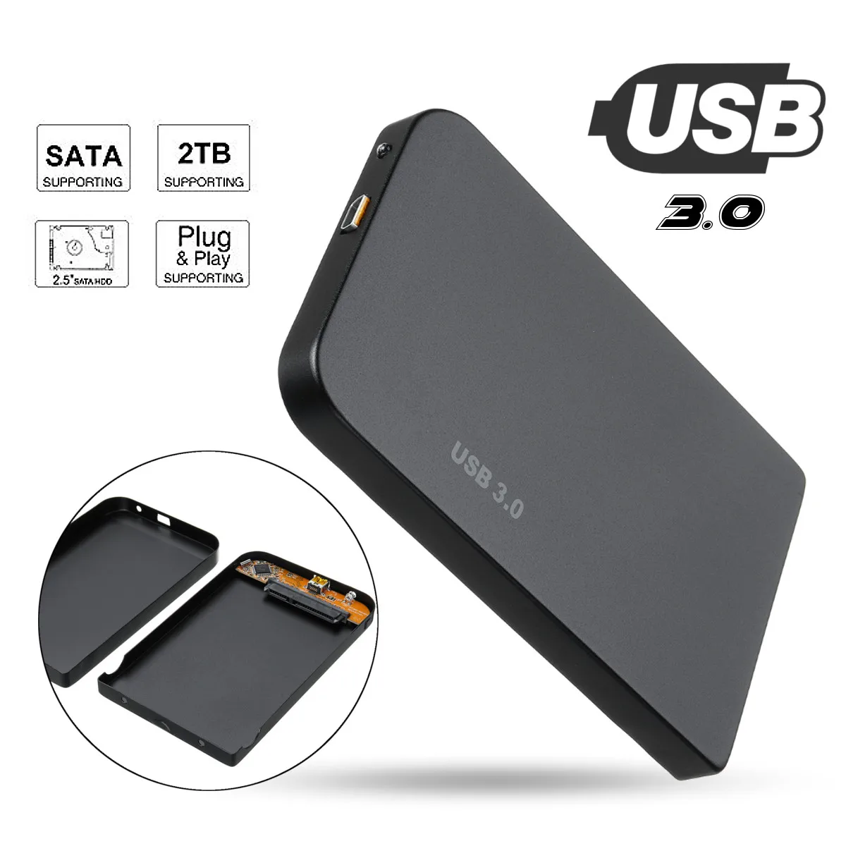 Черный Внешний SATA 2,5 дюймов USB 3,0 HDD жесткий диск Корпус Поддержка 2 ТБ передачи данных Резервное программное средство + мешок для ПК компьютер