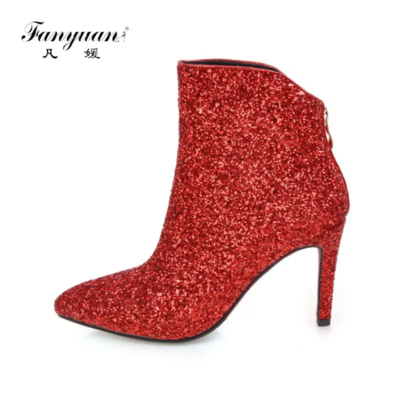 

Fanyuan New Women Bling Glitter Fashion Ankle Boots High Heel Zip Solid Silver Wedding Short Botas Mujer wedding shoes