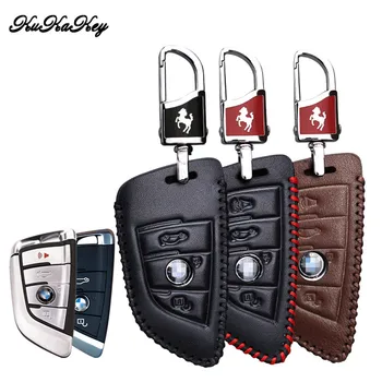 

Leather Car Key Case Cover with Keychain For BMW X5 X6 2014 2015 1 2 5 7 Series 8i F48 F15 for 2 and 3 Buttons Key Car Accessory