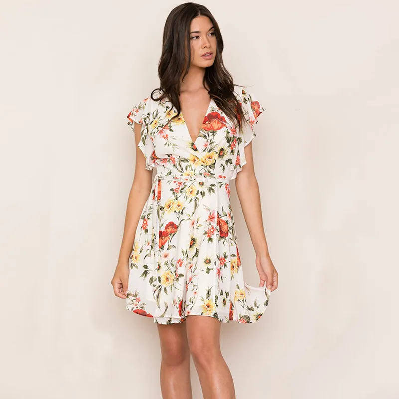 

Ruffle Bandage Boho Dress Women Floral Print Plus Size Dress Femme Lace Up VCollar Holiday Mini Dress Summer Elegant Beach Dress