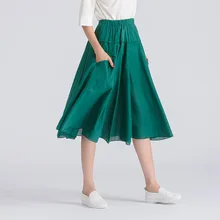 Новая летняя Модная хлопковая длинная юбка с двойными карманами, свежая Милая Однотонная юбка с подвеской, женская повседневная юбка средней длины