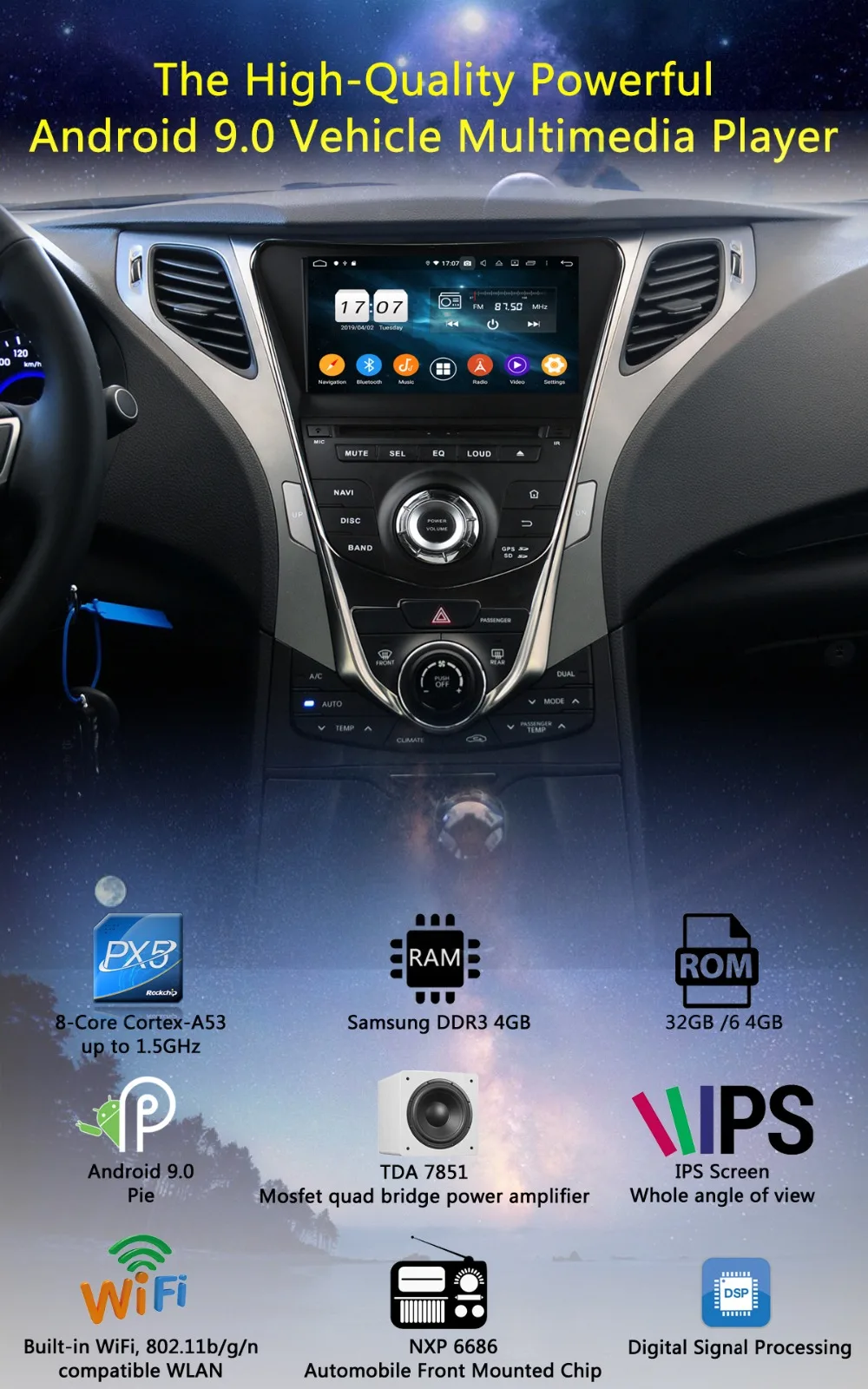 " ips 1920*1080 8 ядерный 4G+ 64G rom Android 9,0 автомобильный dvd-плеер для hyundai AZERA Grandeur HG I55 2011 2012 DSP радио gps Parrot BT