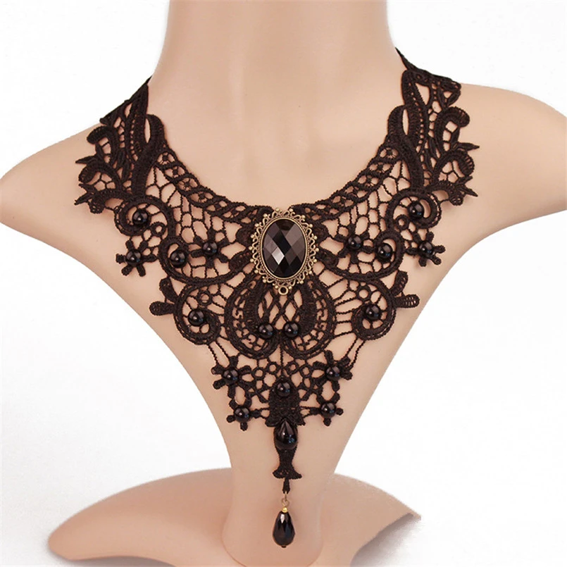 Готический стиль выдолбленные Цветочные кружевное ожерелье кулон черный ключицы цепи ожерелье металлические бусы панк ювелирные изделия