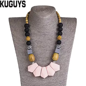 

KUGUYS Trendy Jewelry 3 Colors Resin Pendant Necklaces for Women Round Wood Bead Necklace Sweater Chain Fashion Accessories