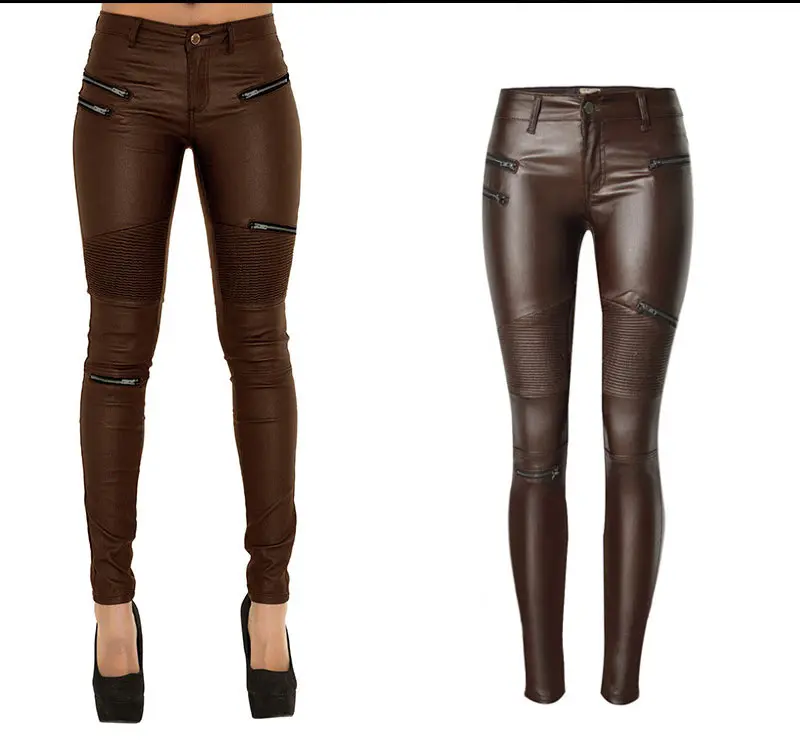 Женские брюки из искусственной кожи, Стрейчевые коричневые брюки для женщин, эластичные женские колготки, узкие брюки из искусственной кожи размера плюс