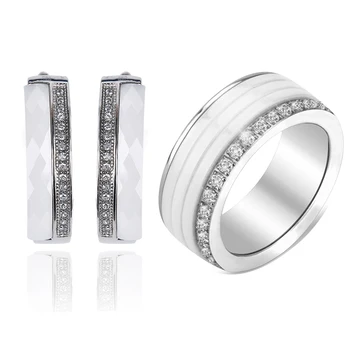 

2018 New Fashion 8MM Wide Ceramic Rings Women Trendy Earrings With One Row Of Crystal Silver Metal Jewelry Set Wedding Party