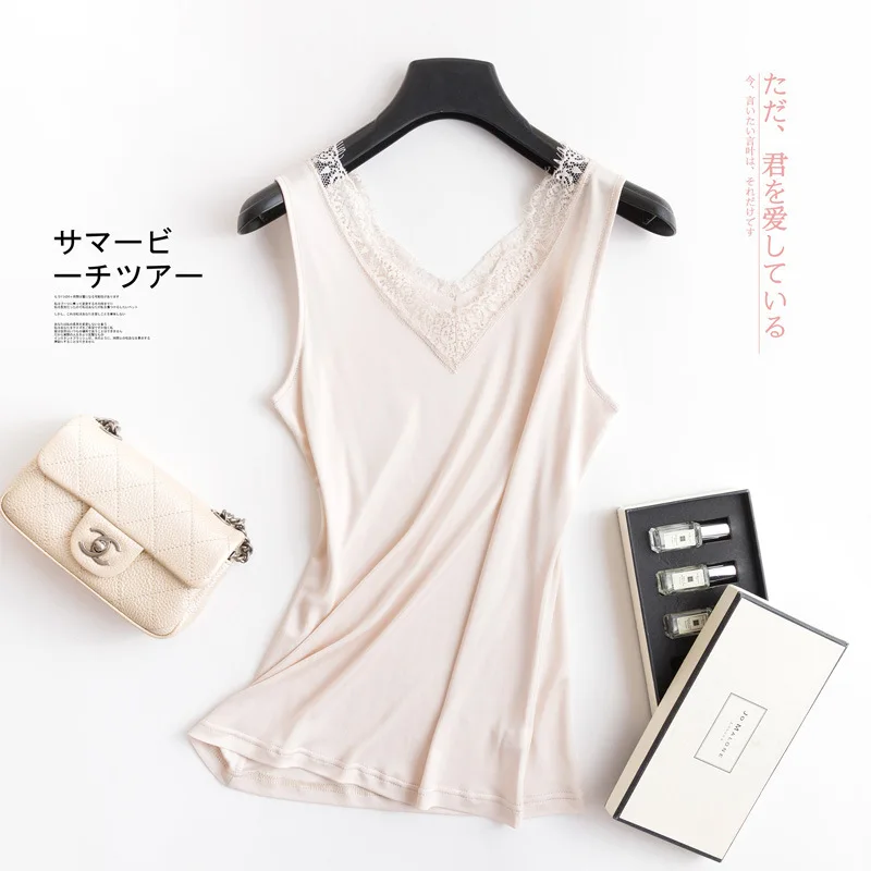 

Heavy recommendation 2018 summer new double sexy lace V-neck eyelash side Silk bottoming vest wild top