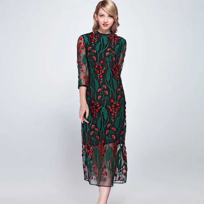 

Elegant Dress Women 2019 Spring And Summer Women Vintage Embroidery Flower Mesh Patchwork 3/4 Sleeve Slim Elegant one step Dress