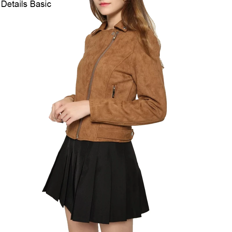 

New Fashion Women suede motorcycle jacket Slim brown full lined soft faux Leather female coat veste femme cuir epaulet zipper