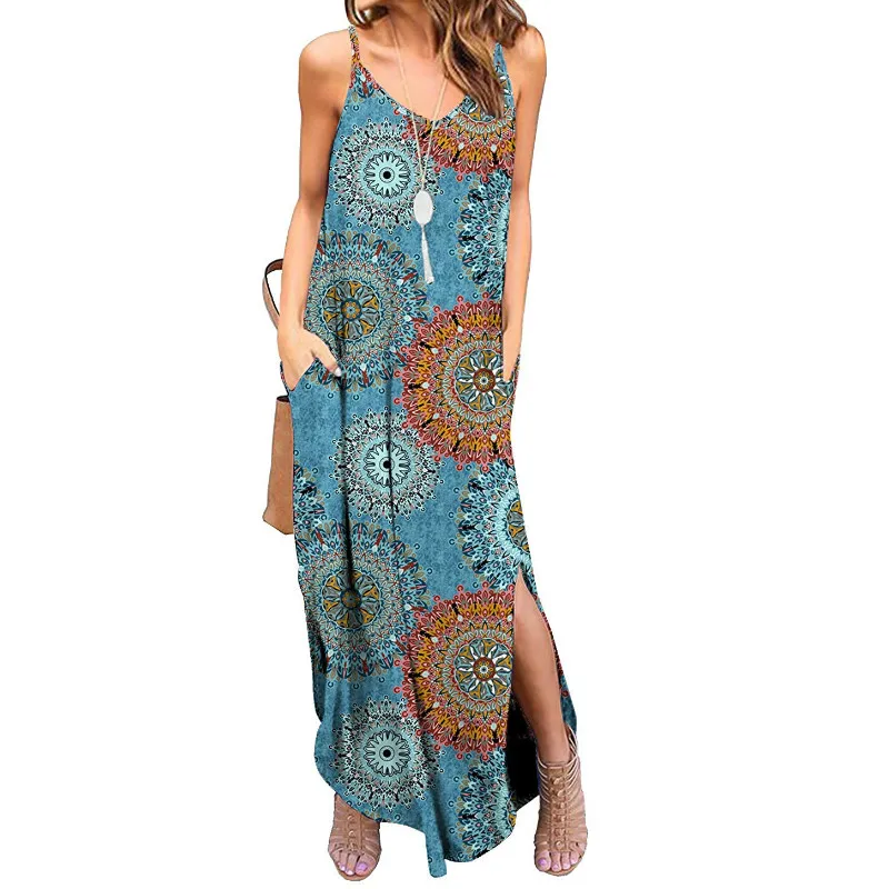 

Summer Bohemian Floral Pocket Dress Women Spaghetti Strap Long Beach Sun Dress