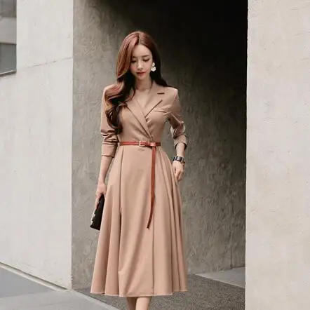 

Elegant V-neck A-line Dress Full Sleeve Long Dress Sashes Pleated Patry Vestidos femme 2019 Autumn DF456