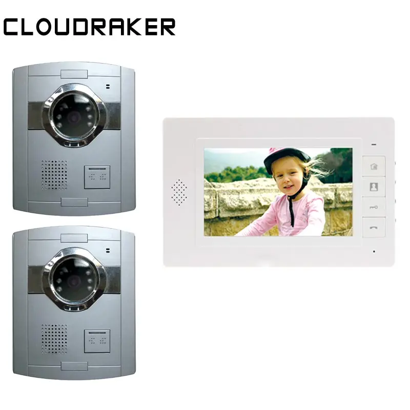 

CLOUDRAKER Video Door Phone Door Bell Intercom System 1x 7Inch Monitor with 2x Silver Doorbell Video Intercom Unlock