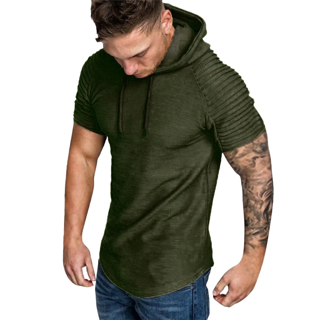 

T Shirt New Fashion Mens Autumn Summer Pleats Slim Fit Raglan Short Sleeve T-Shirt Casual Sport Training Hoodie Top Blouse